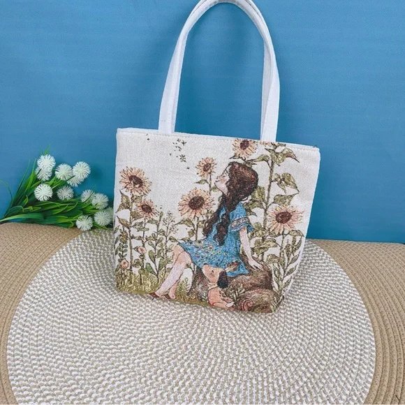 Floral Bunny Cats Sunflower Girl Embroidered Tote Bag.Great Gift for girls women - Picture 3 of 7